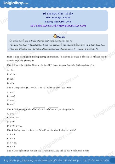 Đề thi học kì 2 Toán 10 - Đề số 9